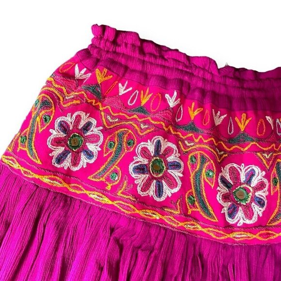 Vintage 90s Passports Womens Skirt Small Pink Crinkle Boho Embroidered Mirrored - Picture 4 of 7